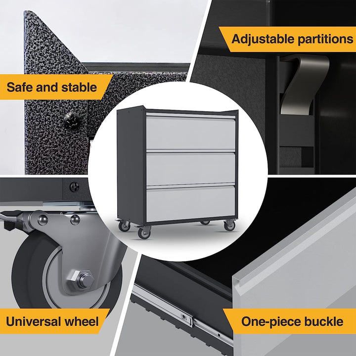 AOBABO Steel Rolling Storage 3 Drawer Cabinet w/Wheels, Black/Grey (Open Box) - VMInnovations