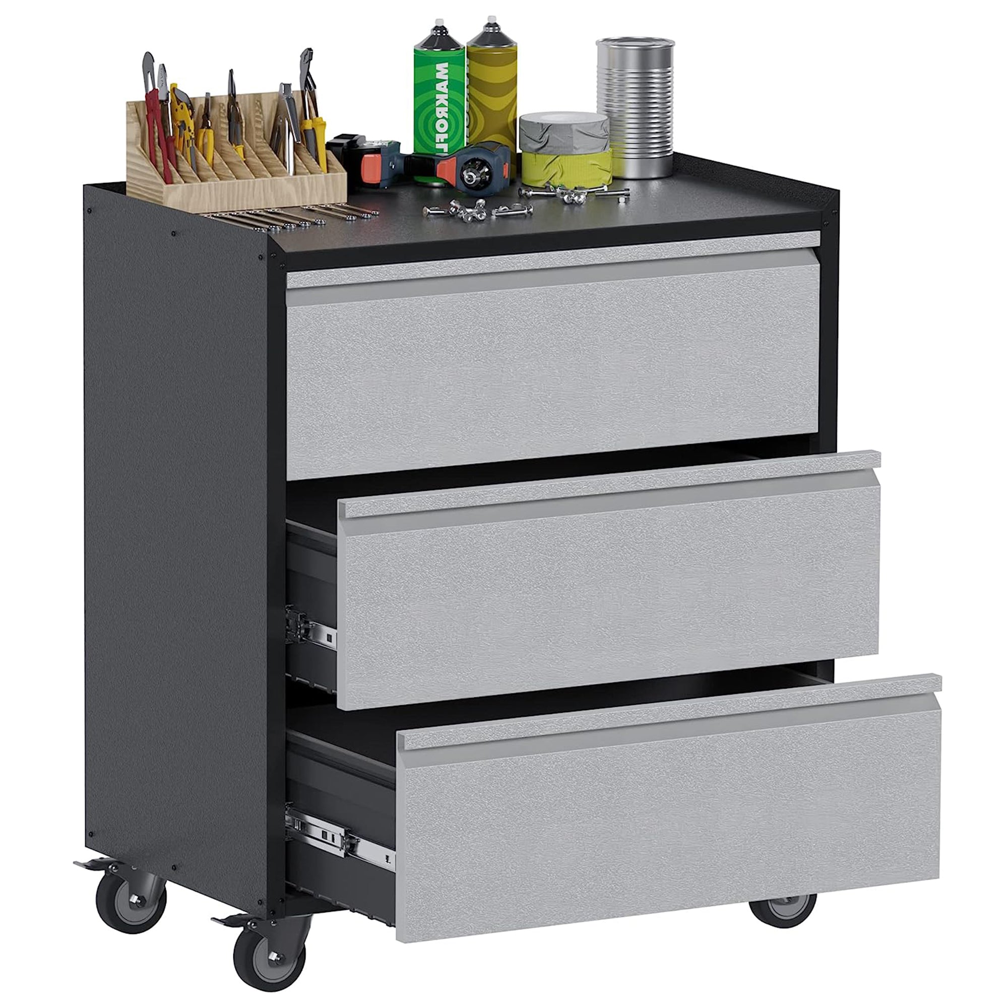 AOBABO Steel Rolling Tool Storage Chest 3 Drawer Cabinet with Wheels, Black/Grey - VMInnovations