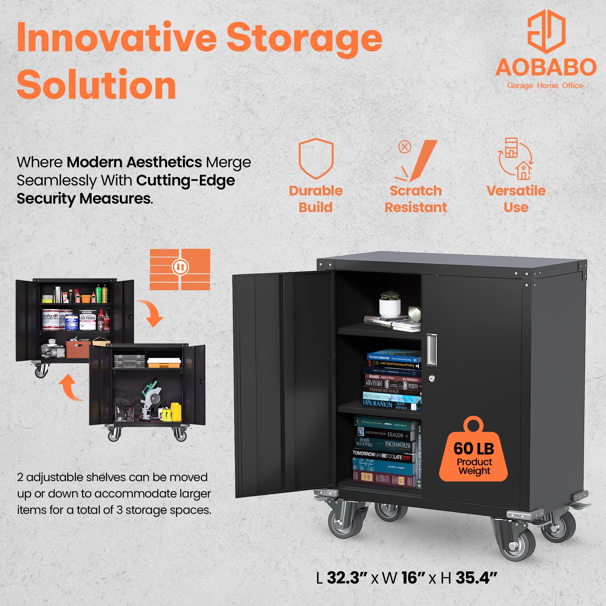 AOBABO Lockable Storage Cabinet, Adjustable Shelves & Wheels, Black (Open Box) - VMInnovations