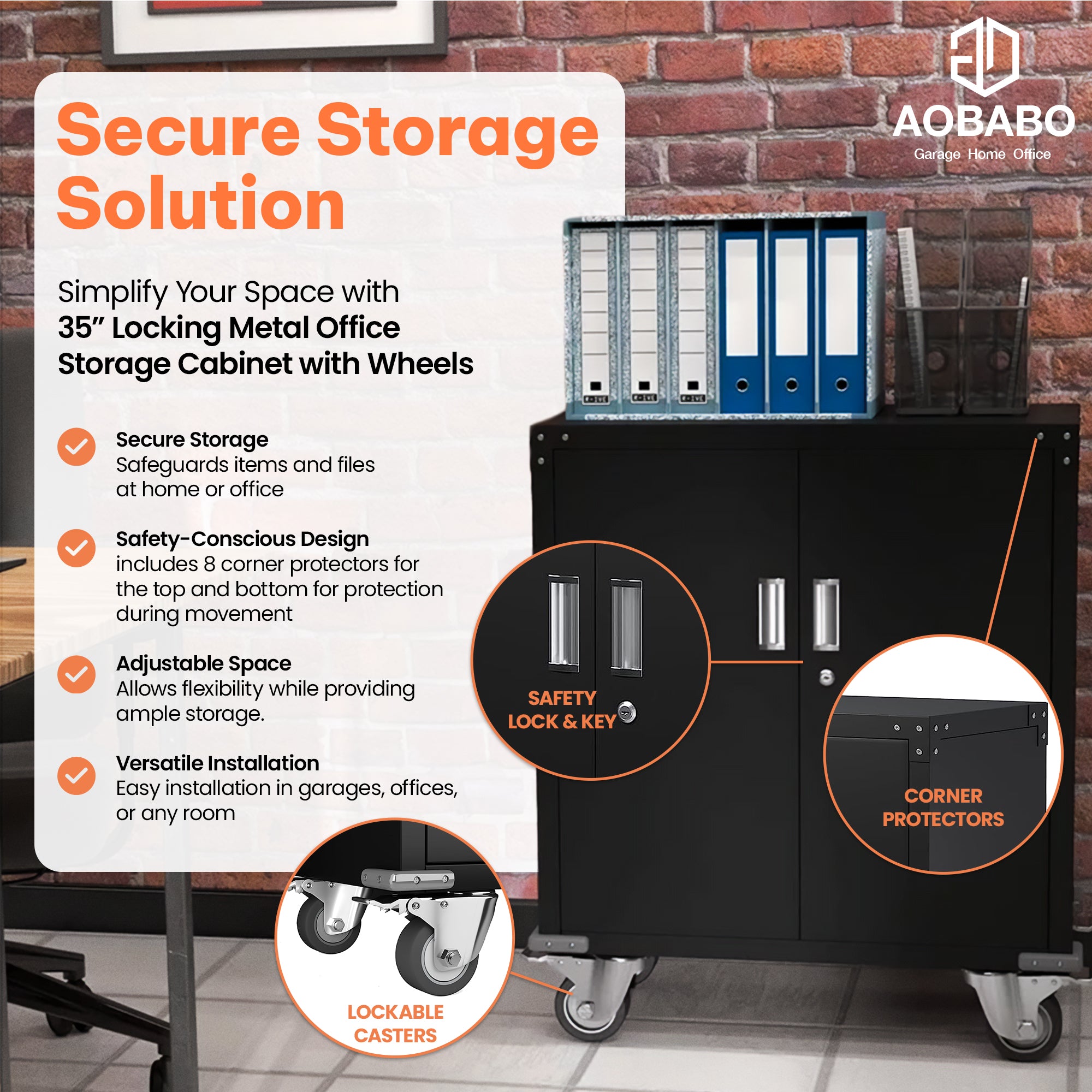 AOBABO Lockable Storage Cabinet, Adjustable Shelves & Wheels, Black (Open Box) - VMInnovations