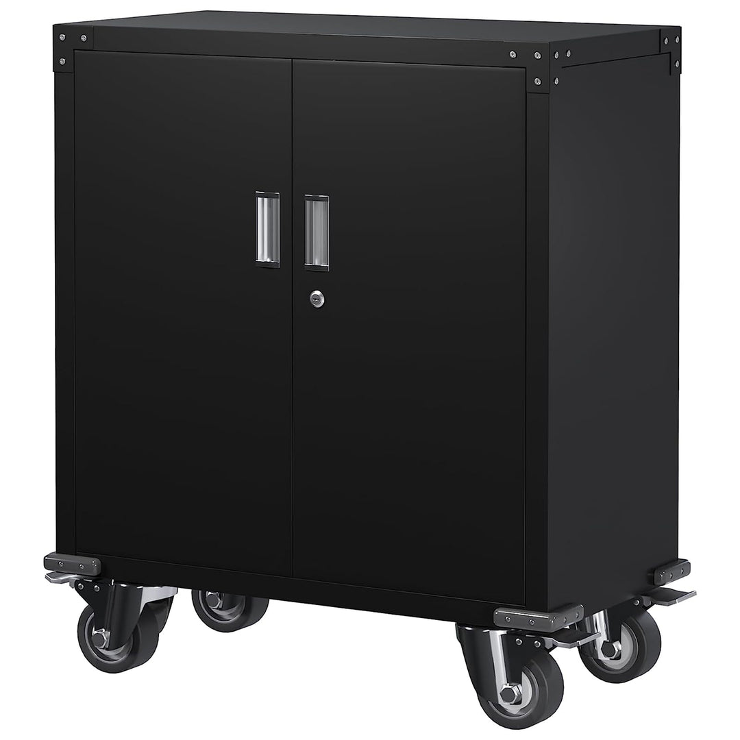 AOBABO Lockable Storage Cabinet, Adjustable Shelves & Wheels, Black (Open Box)