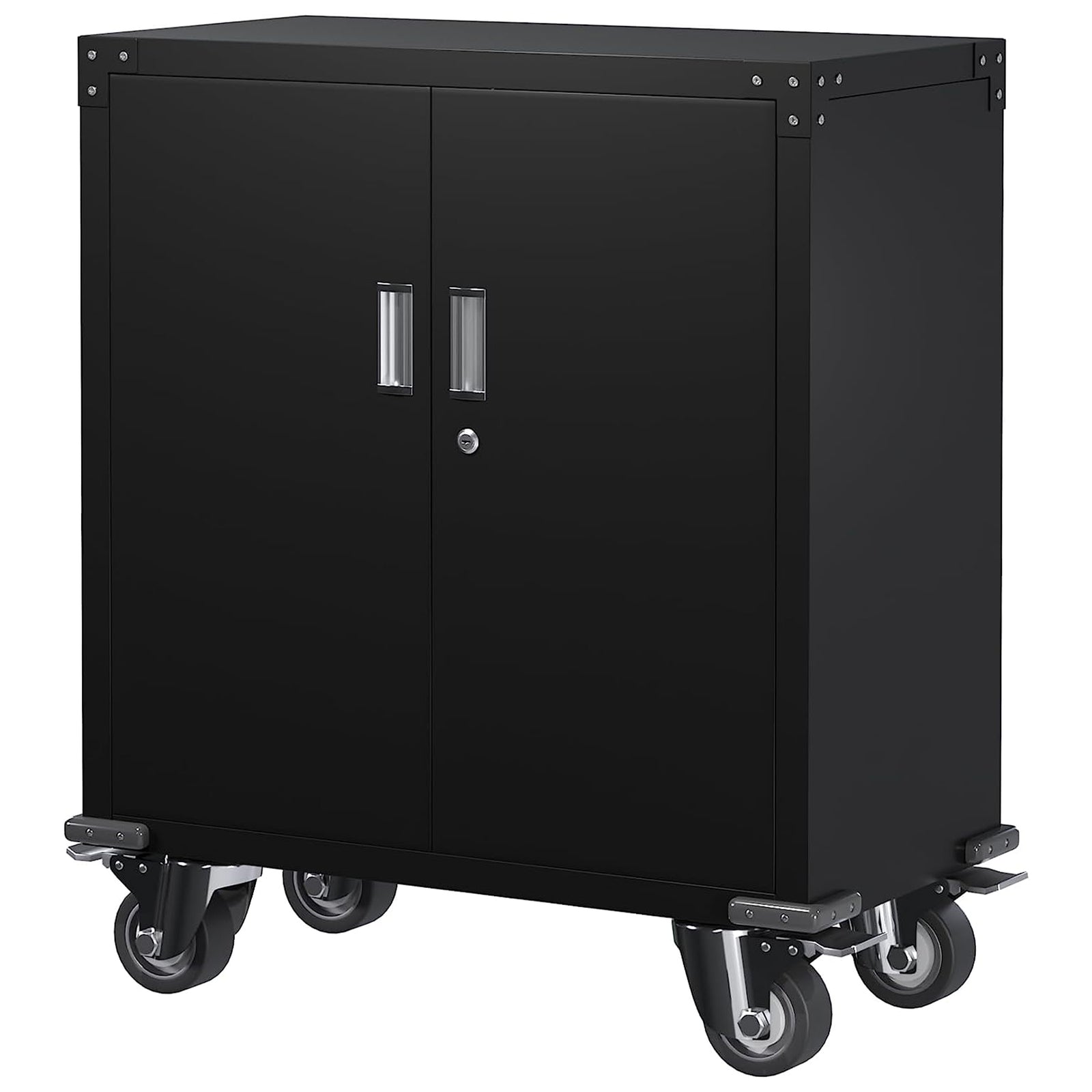 AOBABO Lockable Storage Cabinet, Adjustable Shelves & Wheels, Black (Open Box) - VMInnovations