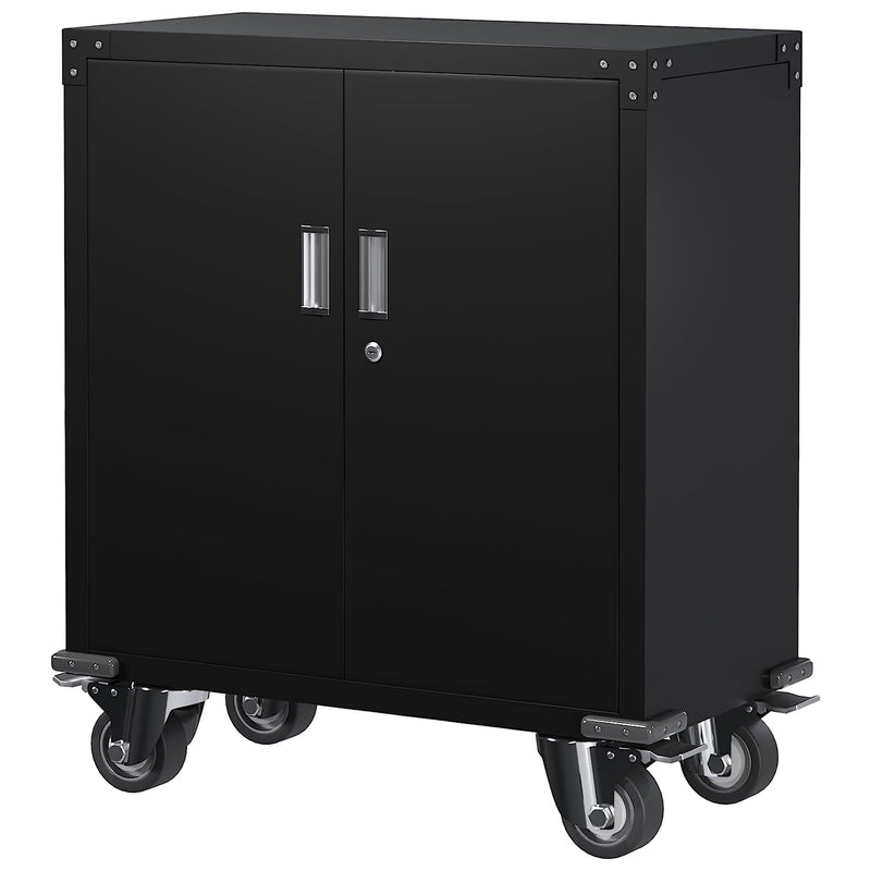 AOBABO Lockable Storage Cabinet, Adjustable Shelves & Wheels, Black (Open Box)