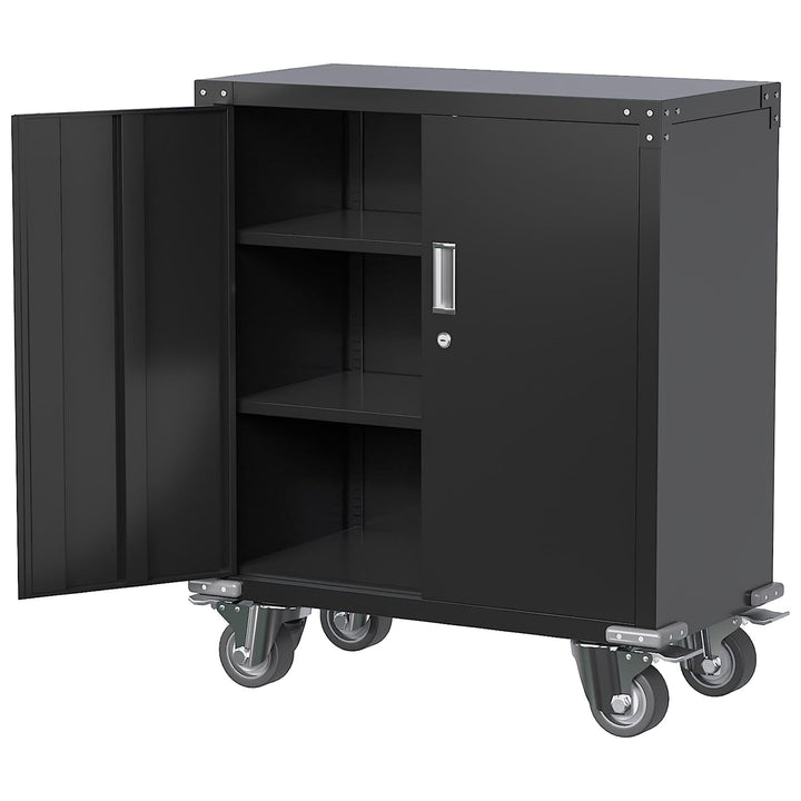 AOBABO Lockable Storage Cabinet, Adjustable Shelves & Wheels, Black (Open Box)