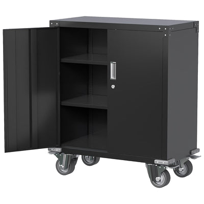 AOBABO Lockable Storage Cabinet, Adjustable Shelves & Wheels, Black (Open Box)