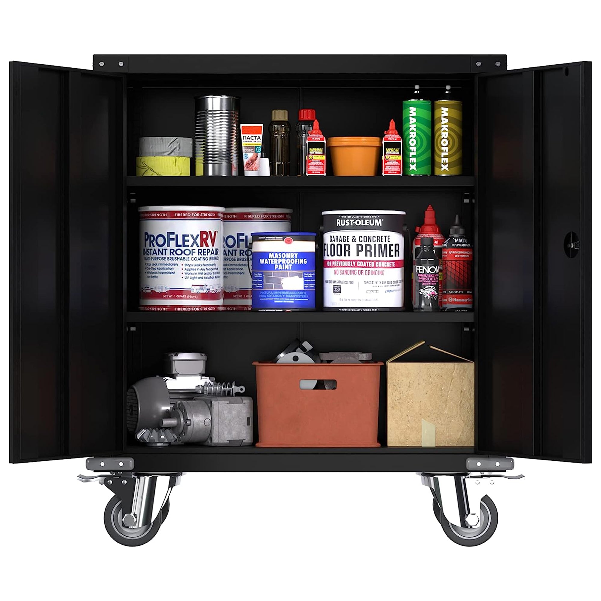 AOBABO Steel Lockable Office Storage Cabinet, Adjustable Shelves & Wheels, Black - VMInnovations