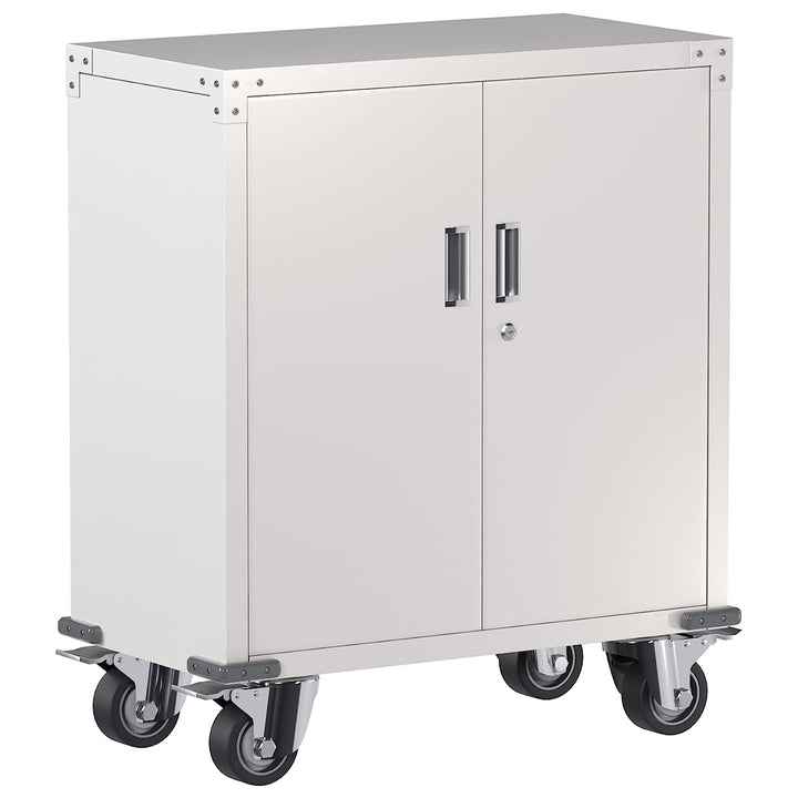 Steel Lockable Office Cabinet, Adjustable Shelves & Wheels, White (Open Box)