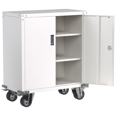 Steel Lockable Office Cabinet, Adjustable Shelves & Wheels, White (Open Box)