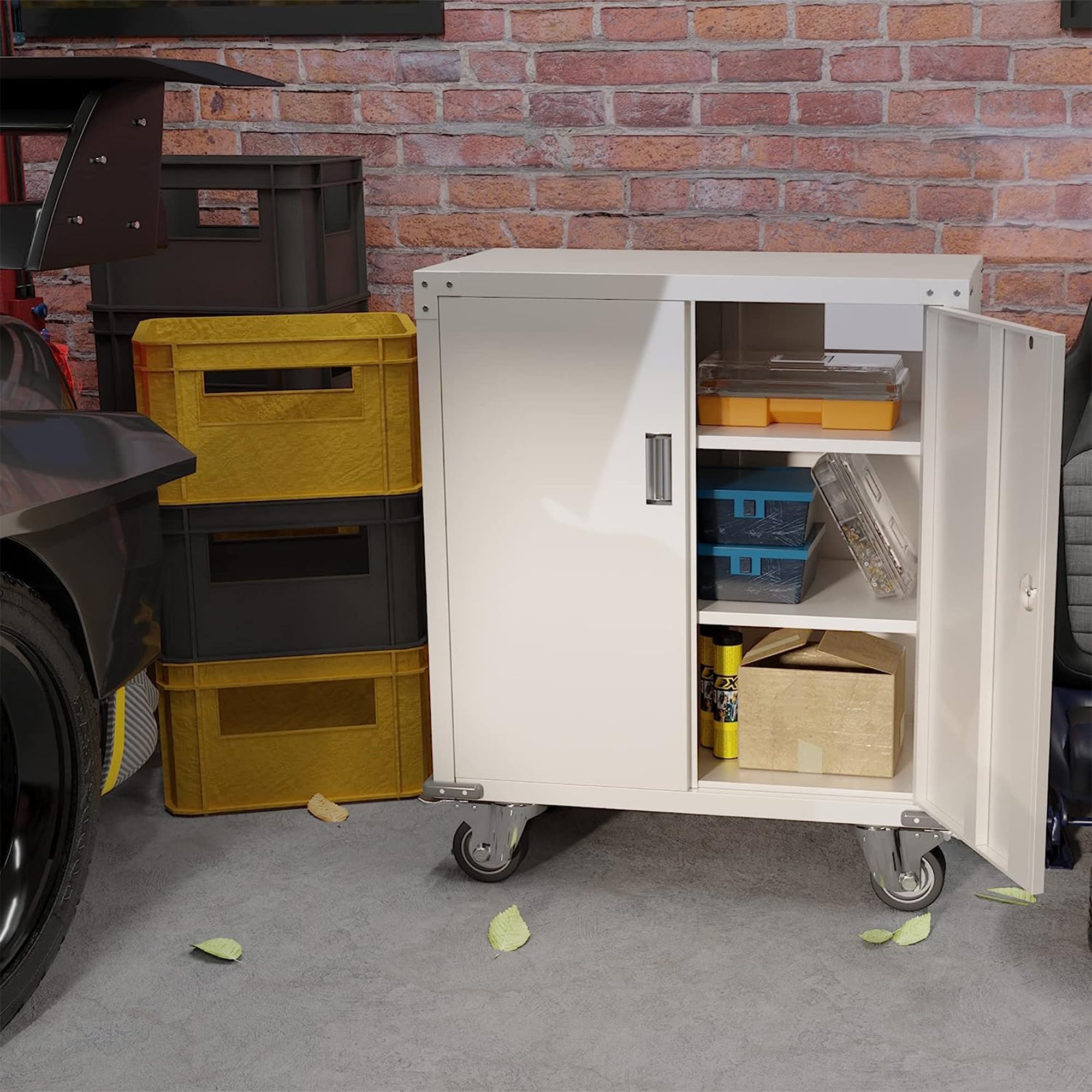 Steel Lockable Office Cabinet, Adjustable Shelves & Wheels, White (Open Box) - VMInnovations