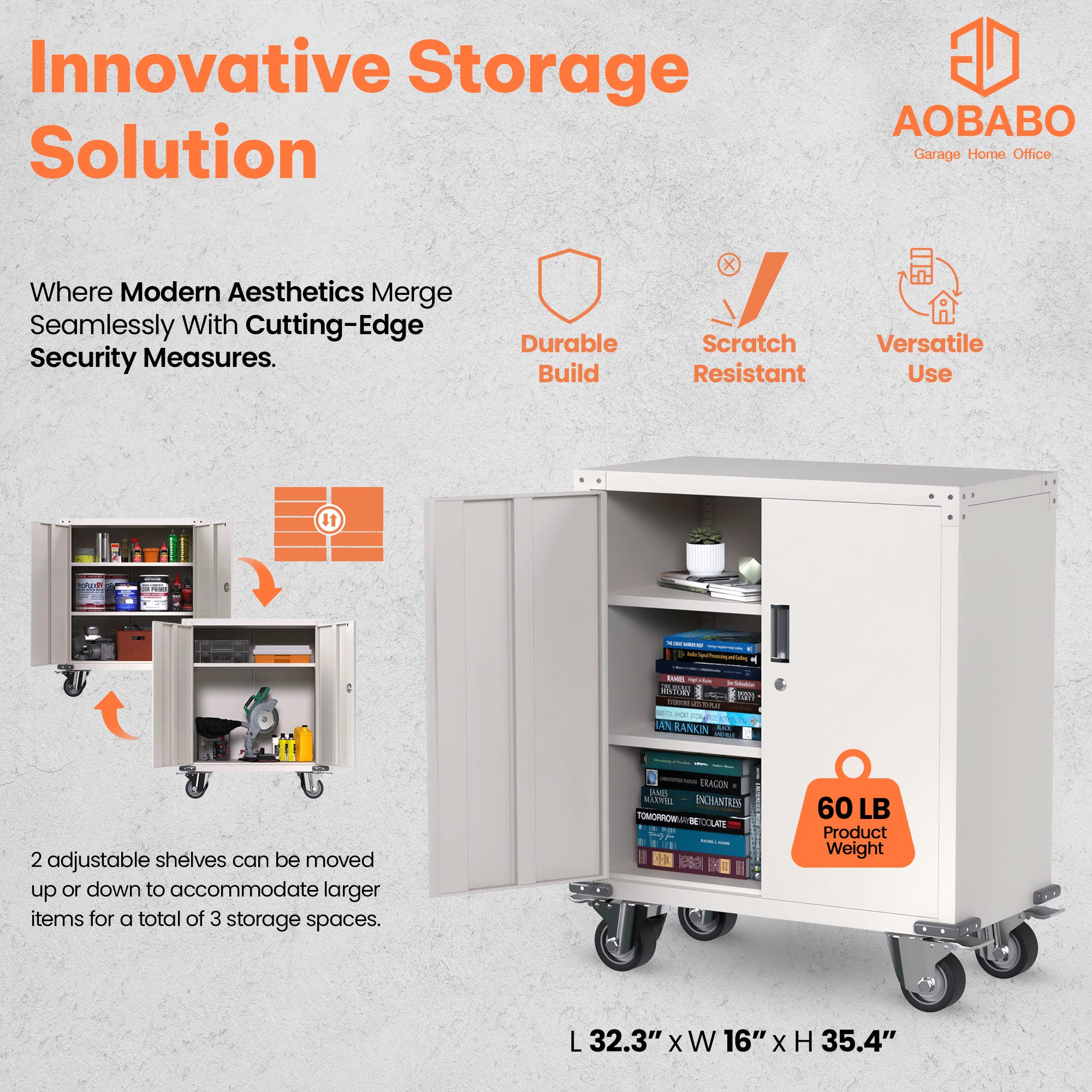 Steel Lockable Office Cabinet, Adjustable Shelves & Wheels, White (Open Box) - VMInnovations