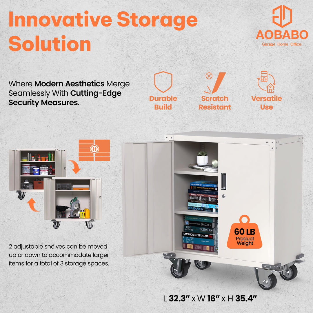 Steel Lockable Office Cabinet, Adjustable Shelves & Wheels, White (Open Box)