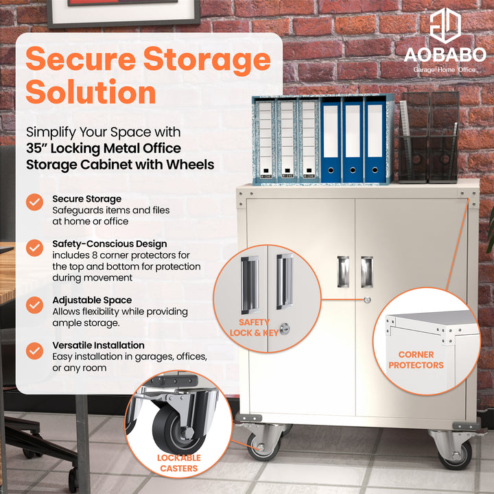 Steel Lockable Office Cabinet, Adjustable Shelves & Wheels, White (Open Box)