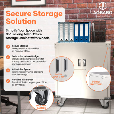 Steel Lockable Office Cabinet, Adjustable Shelves & Wheels, White (Open Box) - VMInnovations