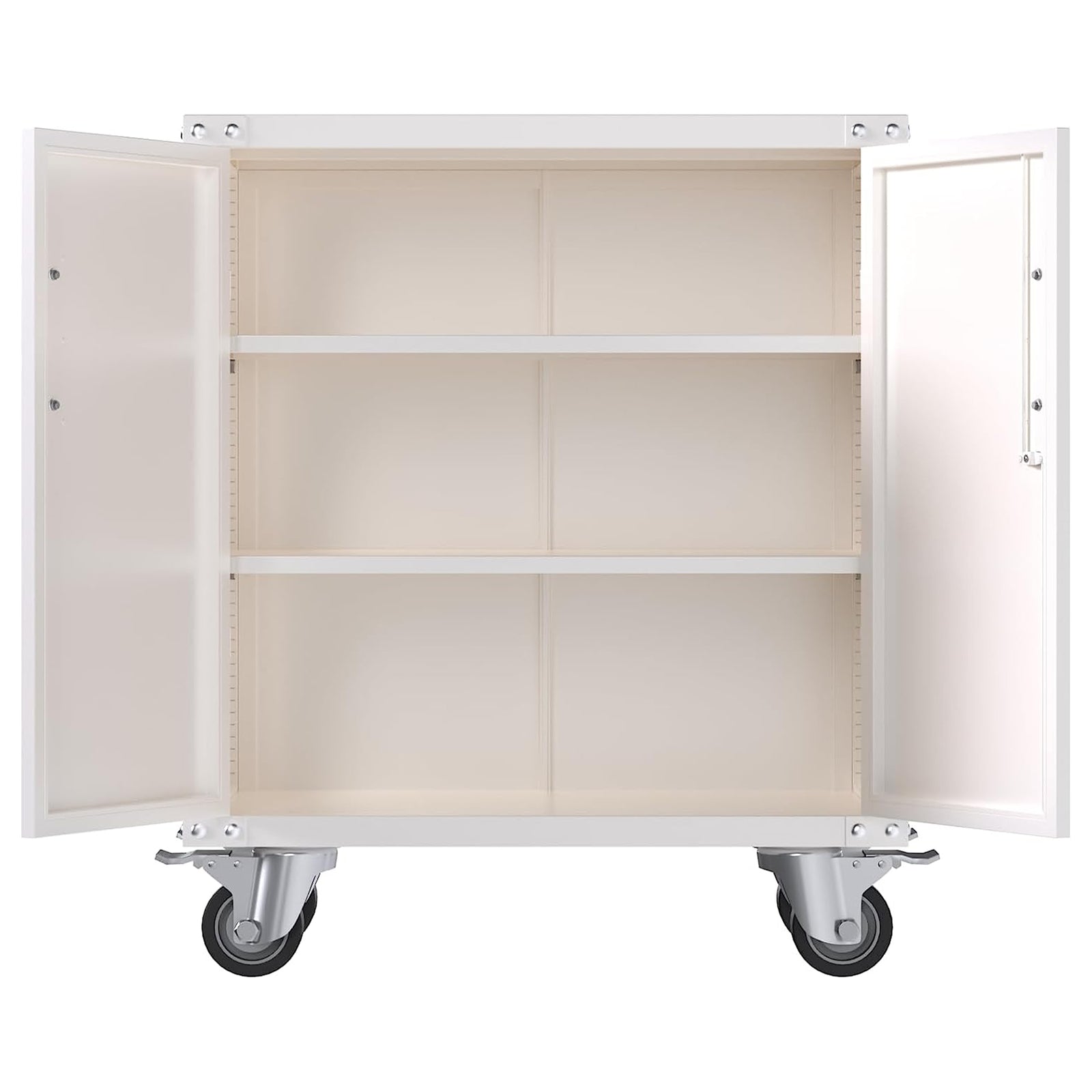 Durable & Lockable Storage Cabinet w/Adjustable Shelves & Wheels, White (Used) - VMInnovations