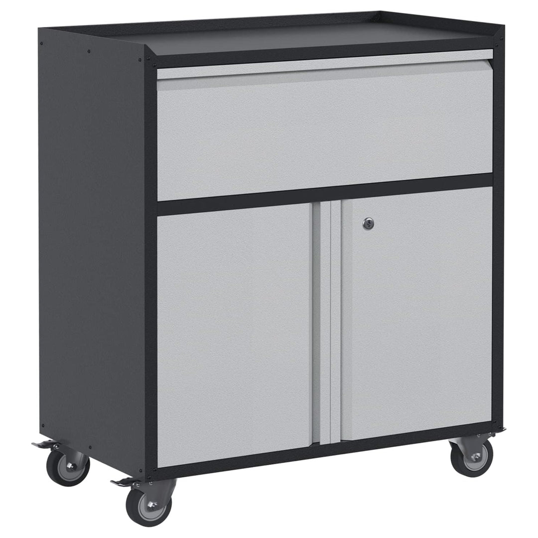 AOBABO Steel Lockable Wheeled Cabinet w/Drawer & Shelves, Black/Grey (Open Box)