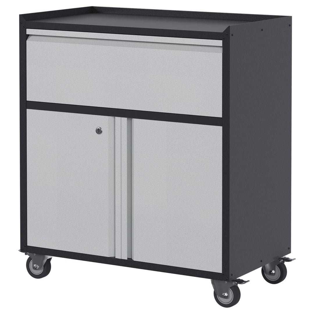 AOBABO Steel Lockable Wheeled Cabinet w/Drawer & Shelves, Black/Grey (Open Box)