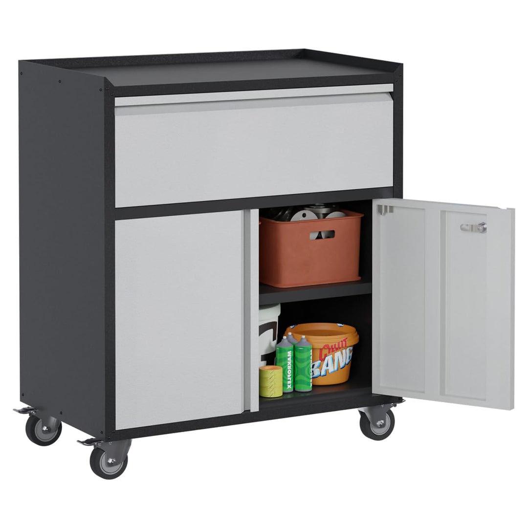 AOBABO Steel Lockable Wheeled Storage Cabinet w/Drawer & Shelves, Black/Grey