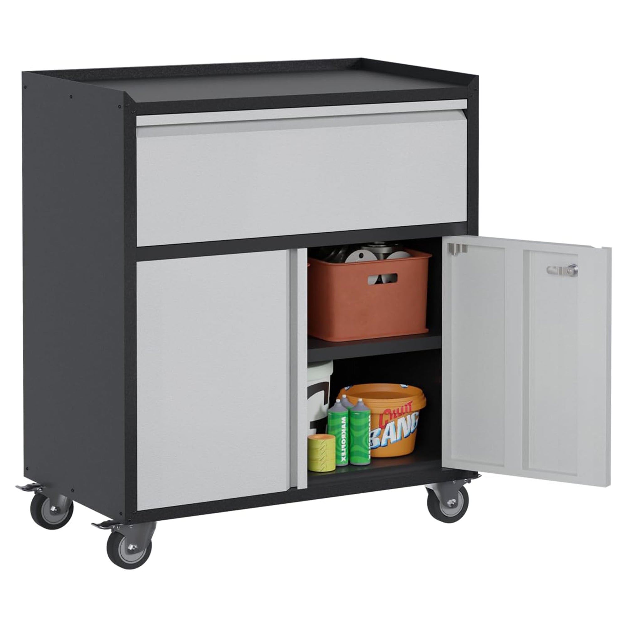 AOBABO Steel Lockable Wheeled Cabinet w/Drawer & Shelves, Black/Grey (Open Box) - VMInnovations