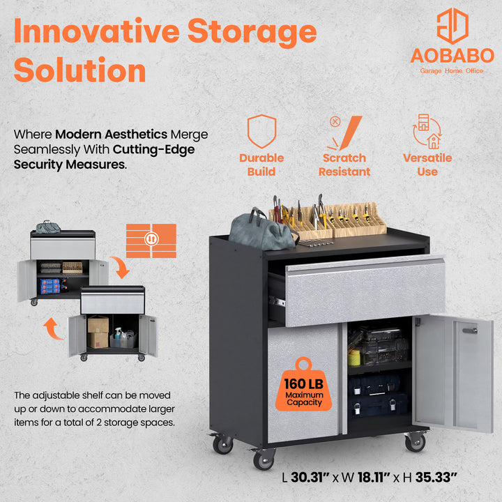 AOBABO Steel Lockable Wheeled Cabinet w/Drawer & Shelves, Black/Grey (Open Box) - VMInnovations