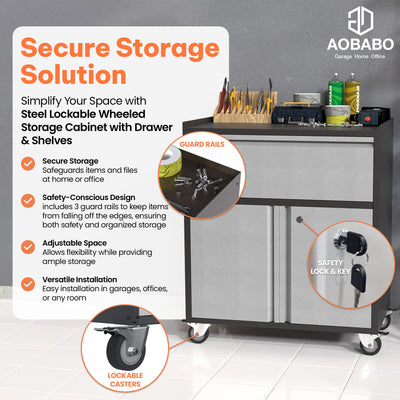 AOBABO Steel Lockable Wheeled Cabinet w/Drawer & Shelves, Black/Grey (Open Box) - VMInnovations