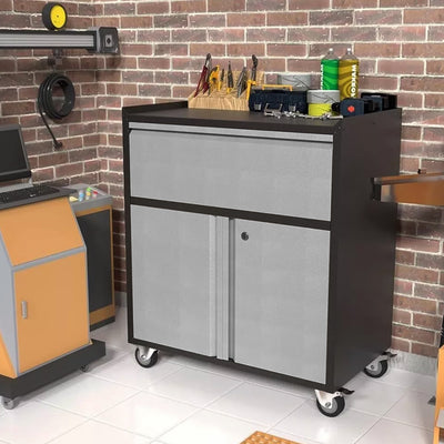 AOBABO Steel Lockable Wheeled Cabinet w/Drawer & Shelves, Black/Grey (Open Box)
