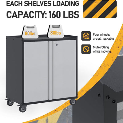 Steel Lockable Wheel Garage Tool Storage Cabinet w/Shelves,Black/Grey(Open Box)