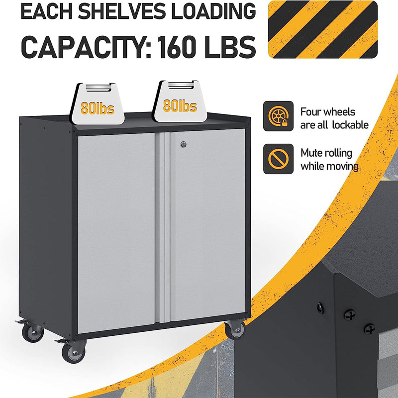 AOBABO Steel Lockable Wheeled Garage Tool Storage Cabinet w/Shelves, Black/Grey