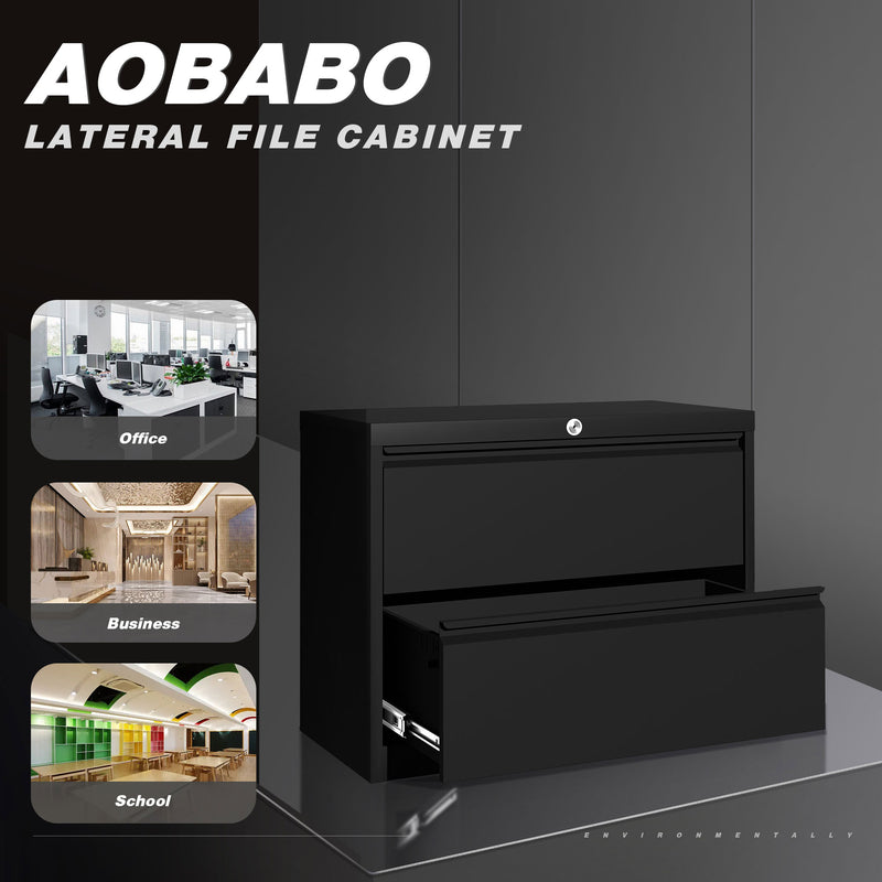 AOBABO 35" Locking 2 Drawer Metal Office Storage Filing Cabinet, Black(Open Box)