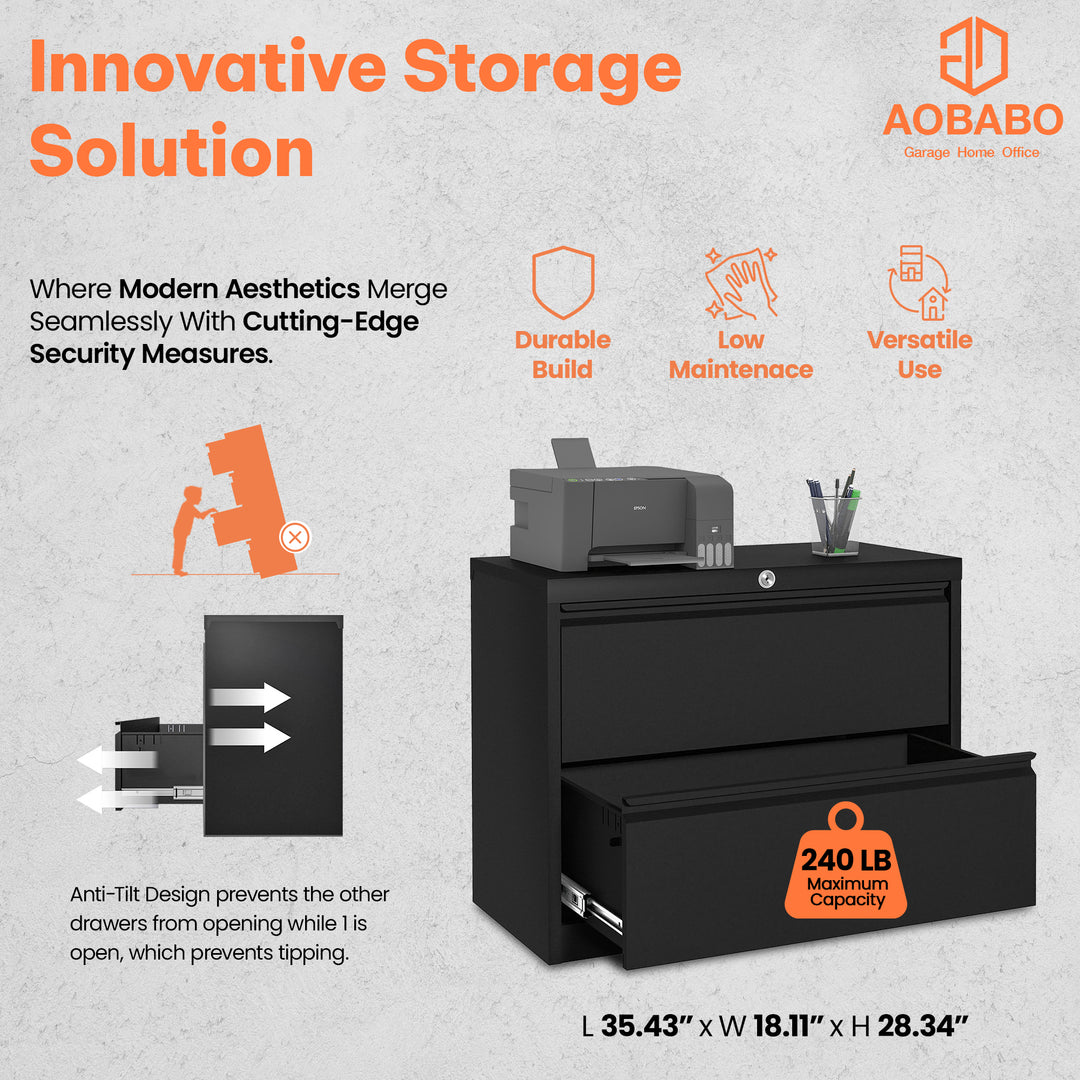 AOBABO 35 Inch Locking 2 Drawer Metal Office Filing Cabinet, Black (For Parts)