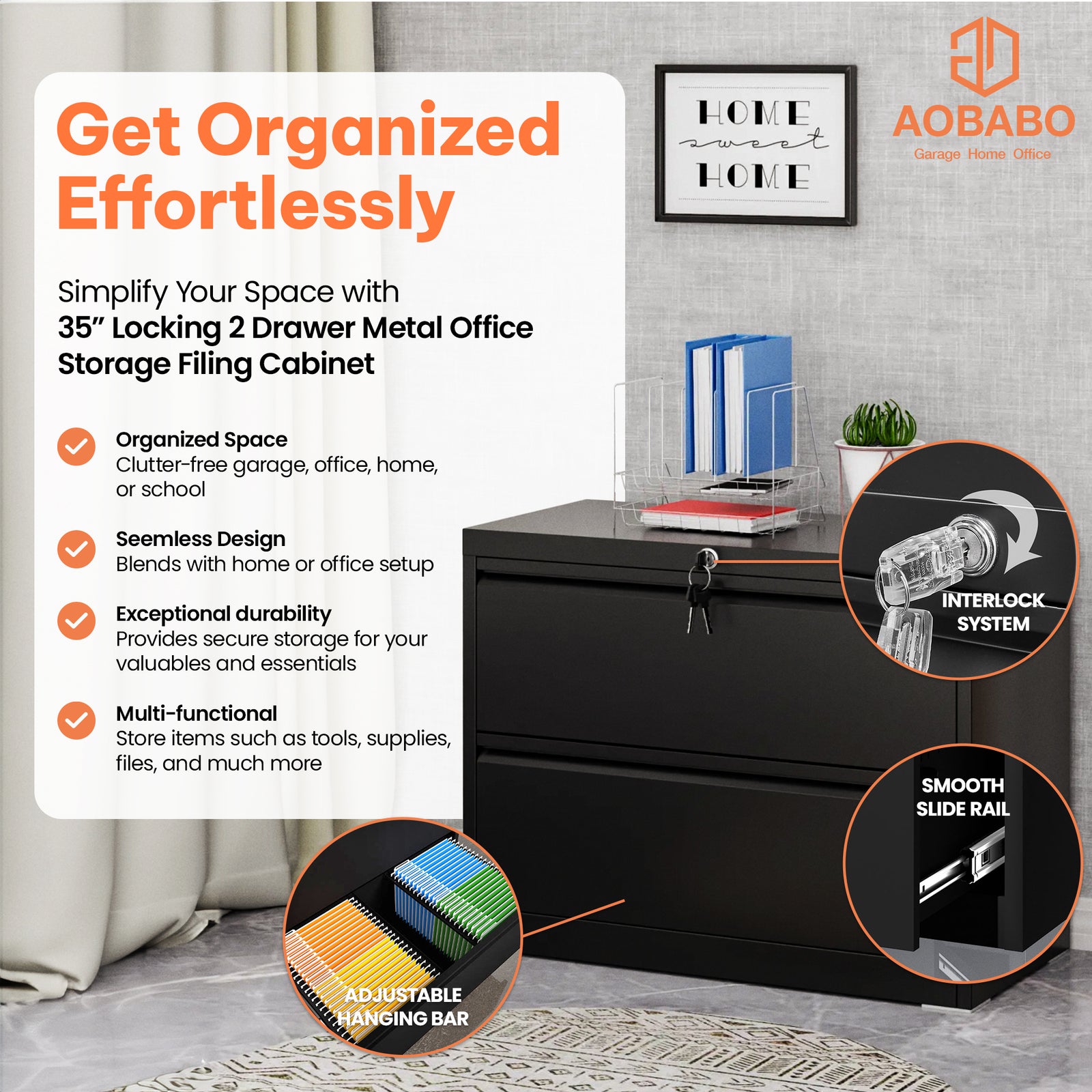 AOBABO 35 Inch Locking 2 Drawer Metal Office Storage Filing Cabinet, Black - VMInnovations