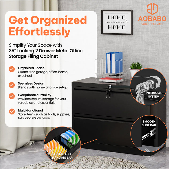 AOBABO 35 In Locking 2 Drawer Metal Office Storage Filing Cabinet, Black (Used) - VMInnovations