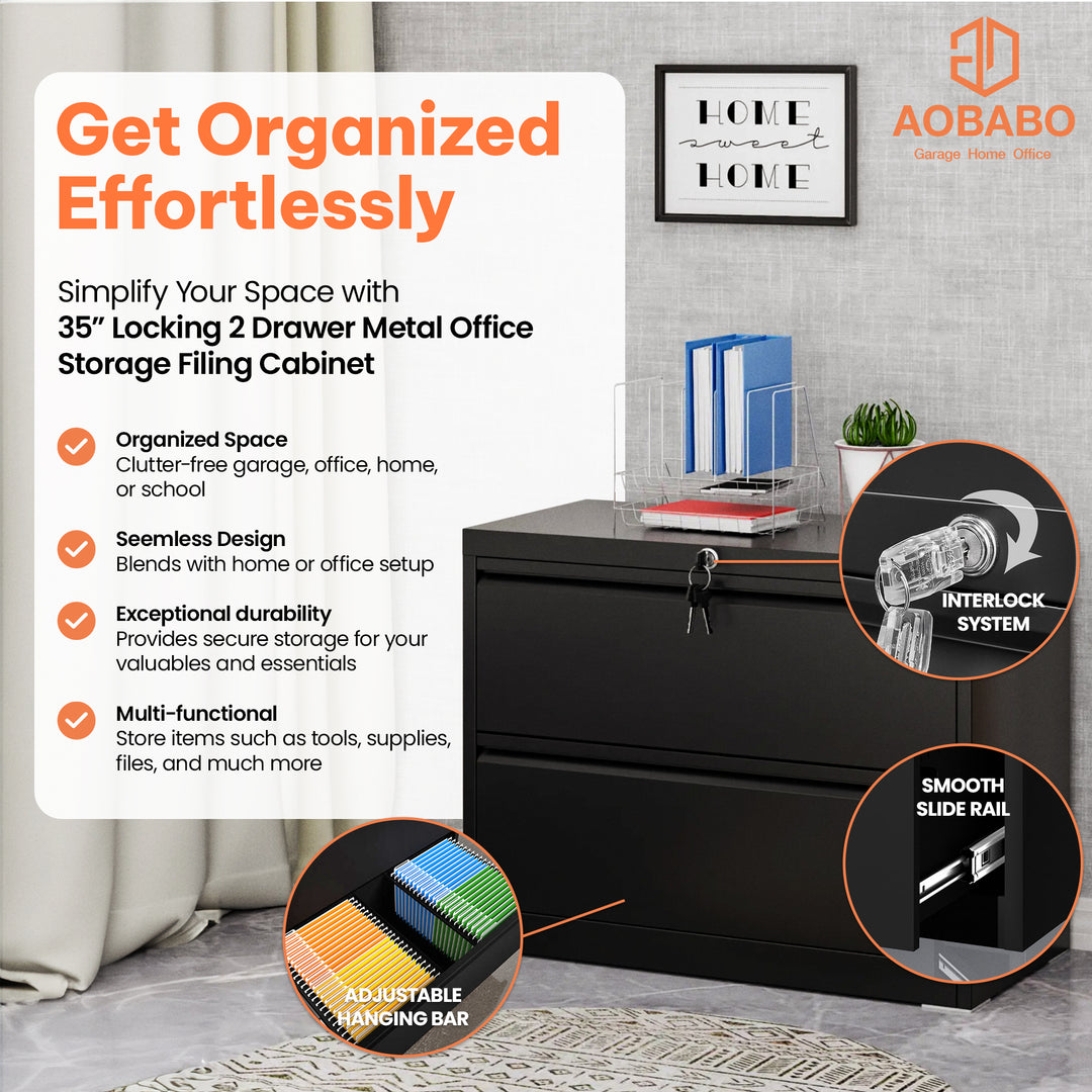 AOBABO 35 Inch Locking 2 Drawer Metal Office Filing Cabinet, Black (For Parts)