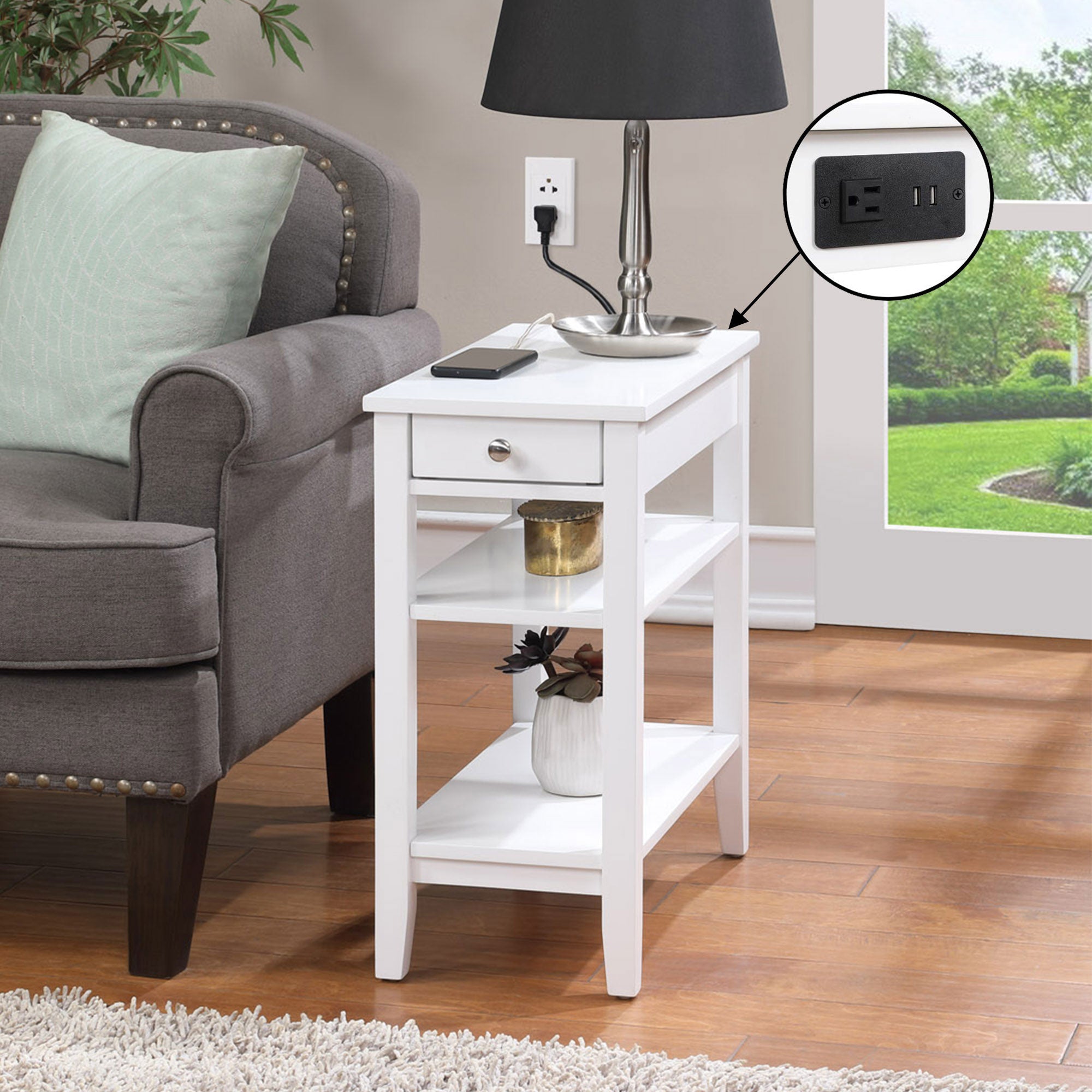 Convenience Concepts American Heritage End Table w/Charging Station, White(Used) - VMInnovations