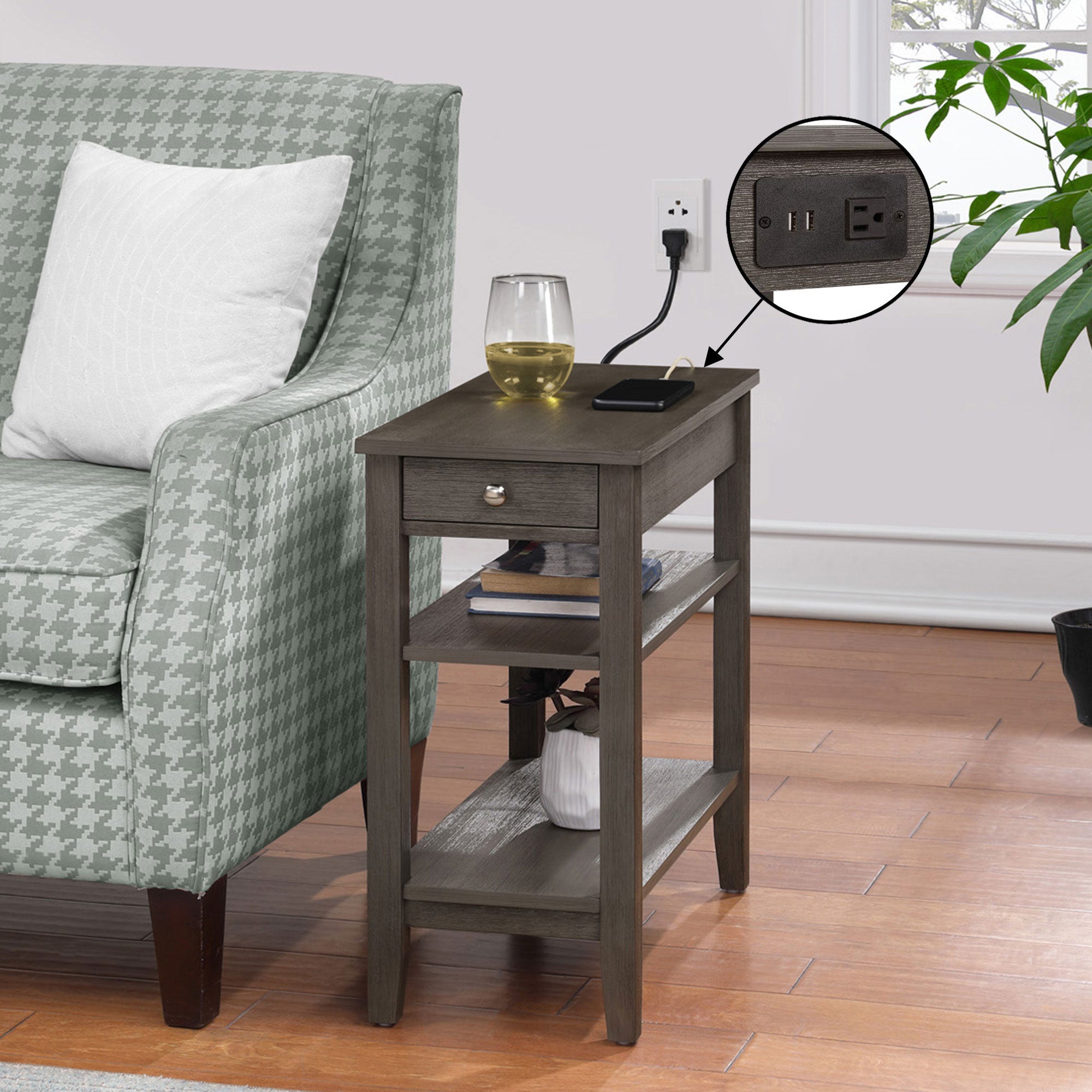 Convenience Concepts American Heritage End Table w/ Charging Station, Dark Gray - VMInnovations