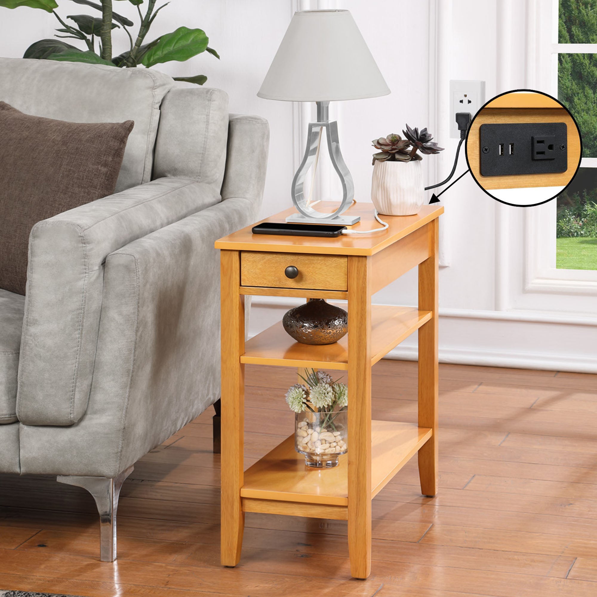 Convenience Concepts Heritage End Table w/ Charging Station, Natural (Open Box) - VMInnovations