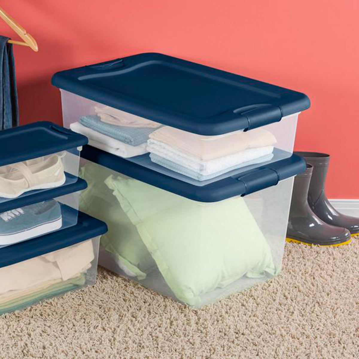 Sterilite 64 Quart Clear Plastic Latching Storage Container, Blue (18 Pack)