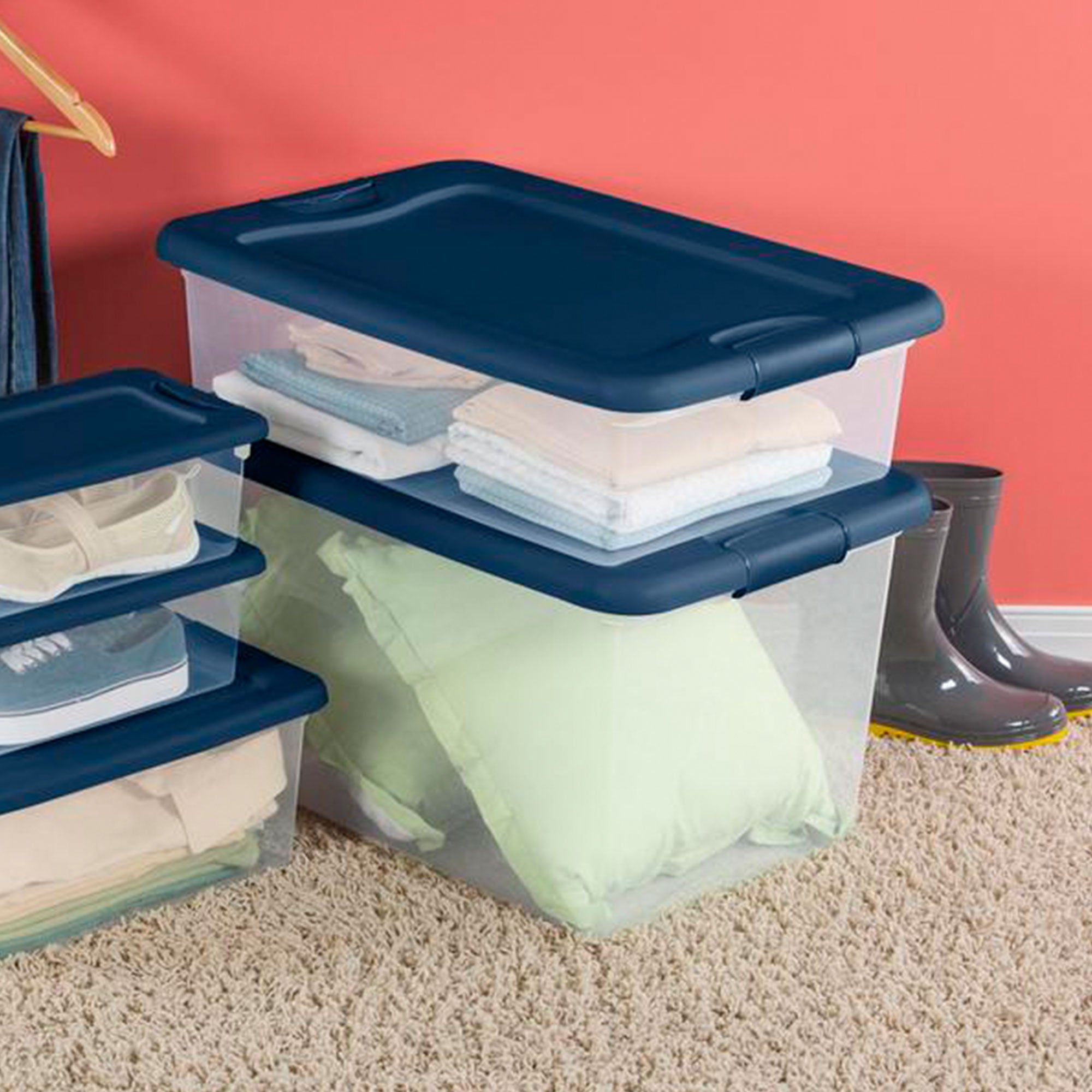 Sterilite 64 Quart Clear Plastic Latching Storage Container, Blue (24 Pack)