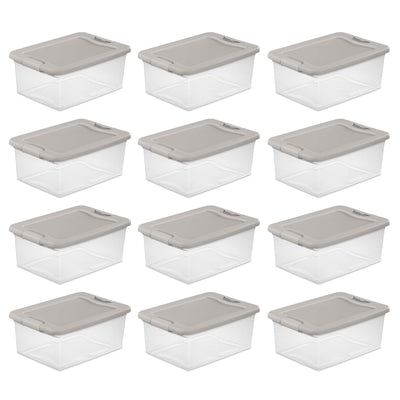 Sterilite 15 Quart Clear Plastic Latching Storage Container Box, Grey (12 Pack)