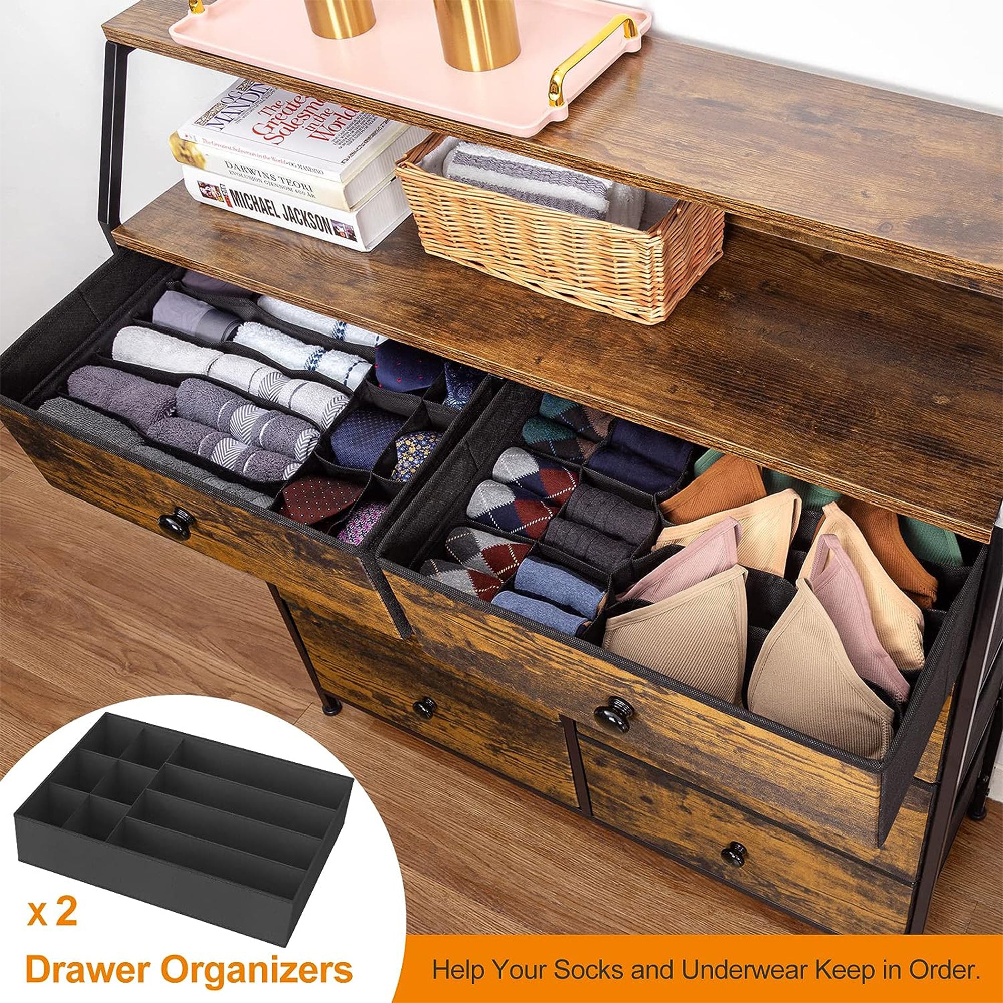 REAHOME 8 Drawer Wood Top Dresser w/ 2 Drawer Organizers, Rustic Brown (Used) - VMInnovations