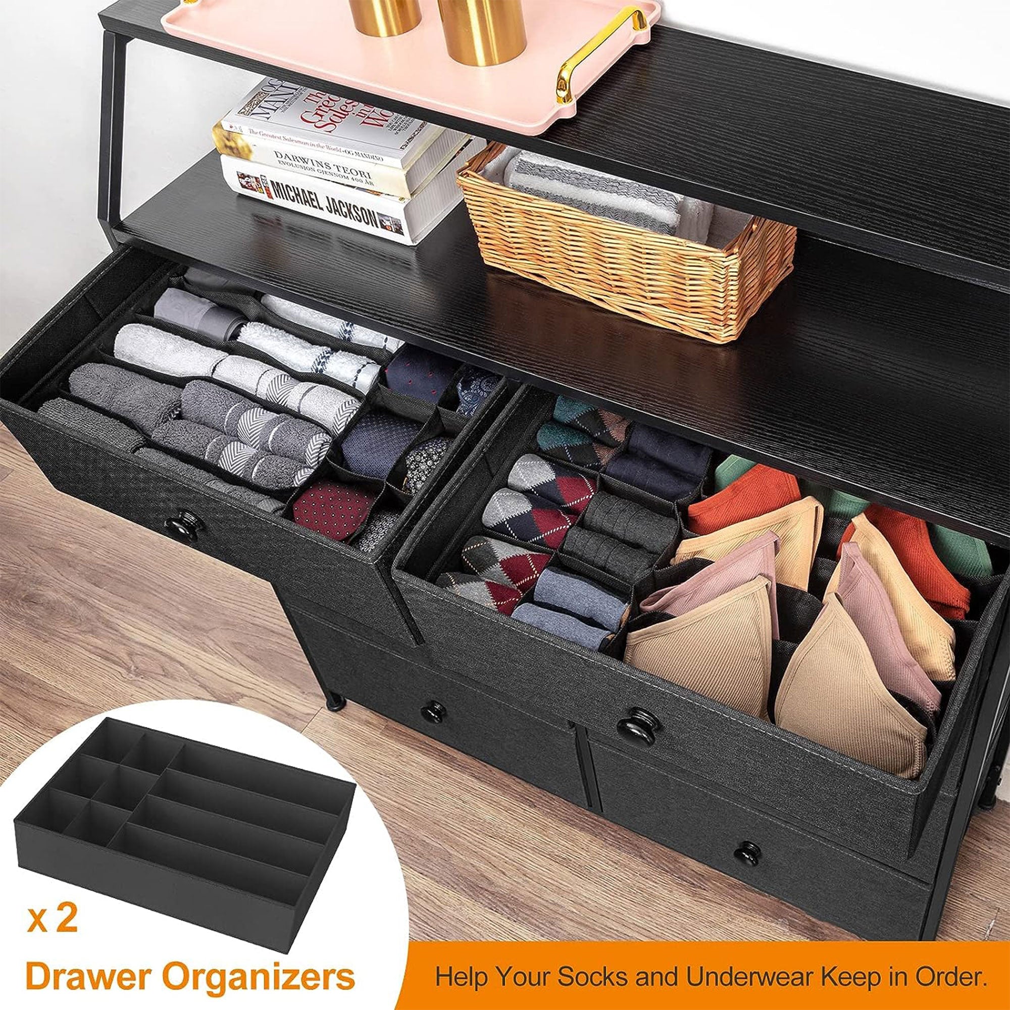 REAHOME 8 Drawer Wood Top Storage Dresser 2 Drawer Organizers, Black/Gray (Used) - VMInnovations