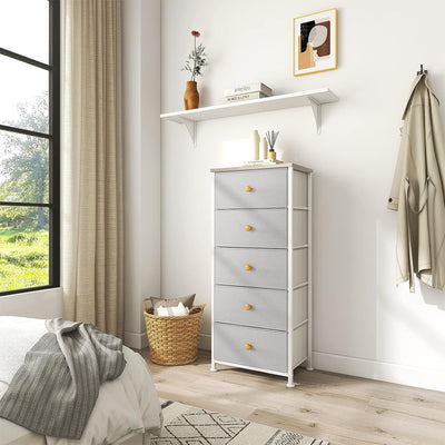 Vertical Narrow Metal Tower Dresser with 5 Fabric Drawer Bins, Gray (Open Box) - VMInnovations