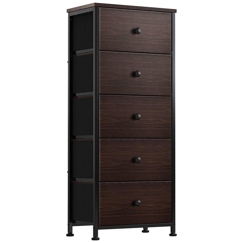 REAHOME Vertical Narrow Metal Tower Dresser w/5 Fabric Drawer Bins, Rustic Brown