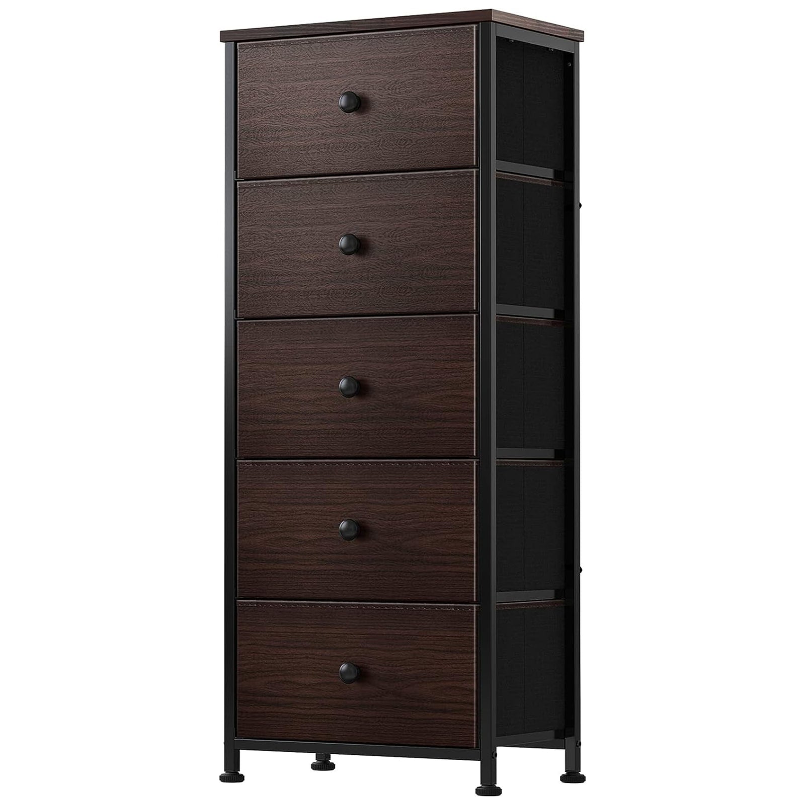 REAHOME Vertical Narrow Metal Tower Dresser w/5 Fabric Drawer Bins, Rustic Brown - VMInnovations