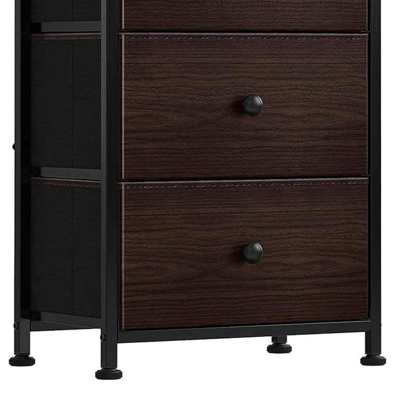 REAHOME Vertical Narrow Metal Tower Dresser w/5 Fabric Drawer Bins, Rustic Brown