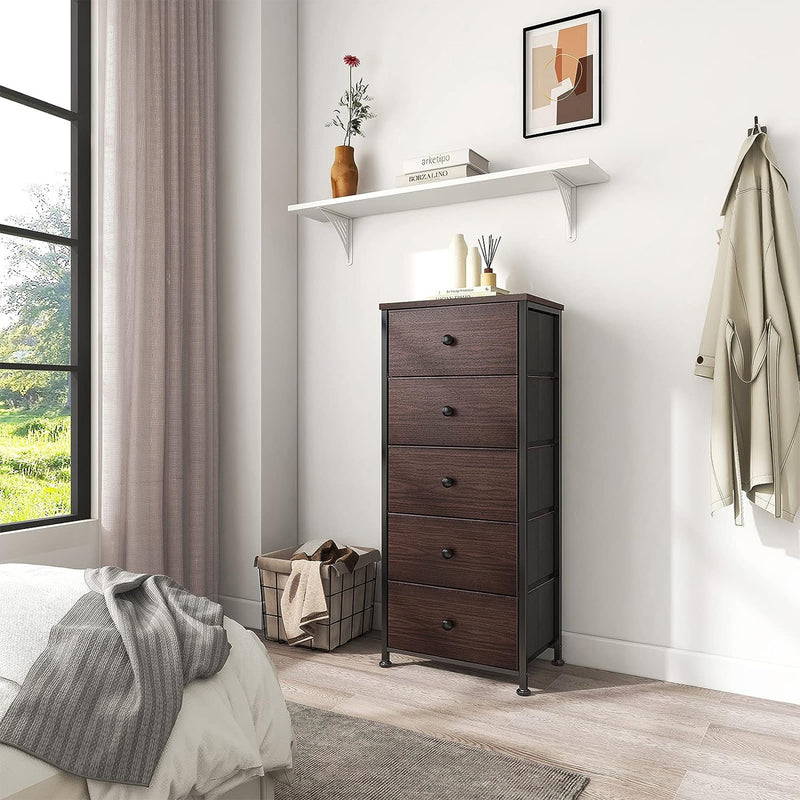 REAHOME Vertical Narrow Metal Tower Dresser w/5 Fabric Drawer Bins, Rustic Brown