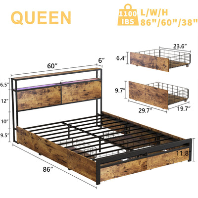 HAUSOURCE Queen Bed Frame w/Headboard, Drawers & Outlets, Rustic Brown(Open Box)