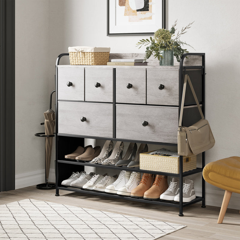 REAHOME 6 Fabric Drawer Dresser with 2 Tier Storage Shelf & Pockets, Dark Taupe