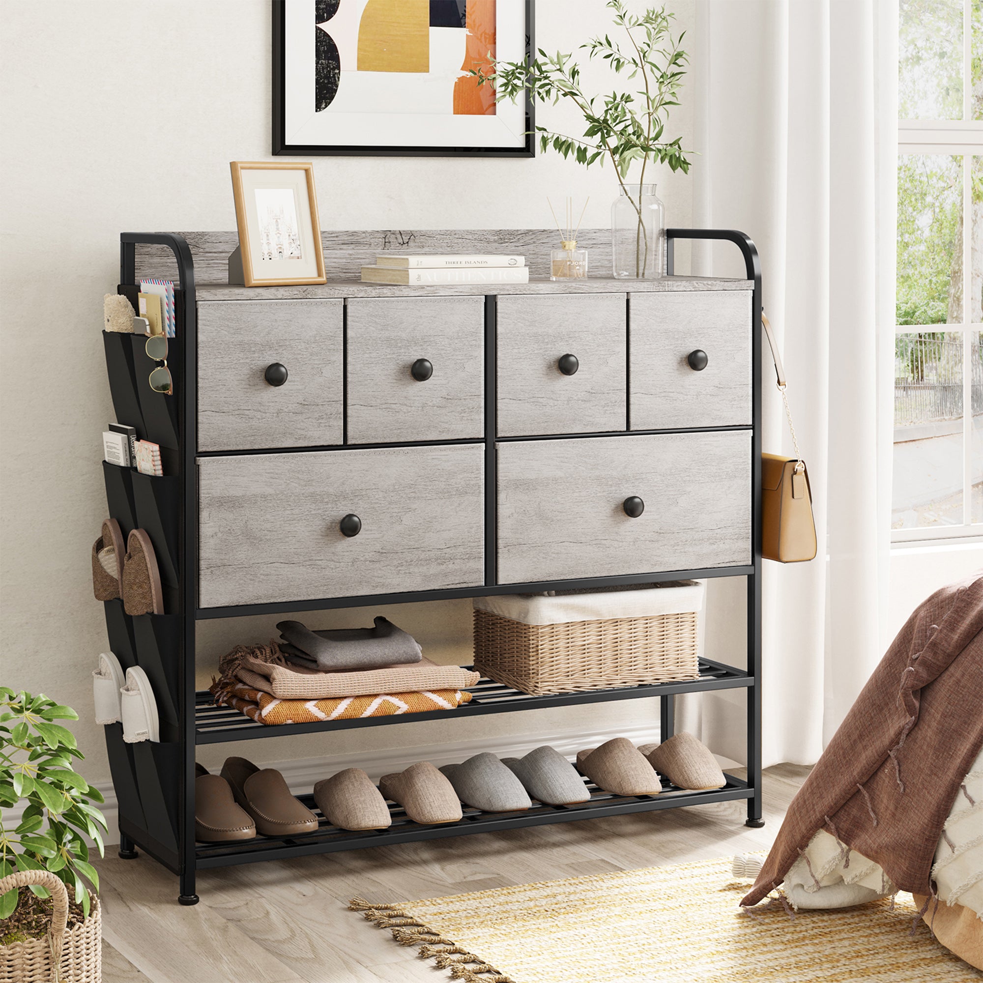 REAHOME 6 Fabric Drawer Dresser w/2 Tier Storage Shelf & Pockets,Taupe(Open Box) - VMInnovations