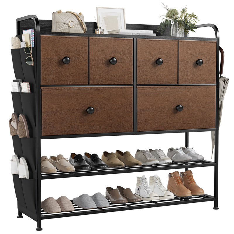 REAHOME 6 Fabric Drawer Dresser with 2 Tier Storage Shelf & Pockets, Espresso