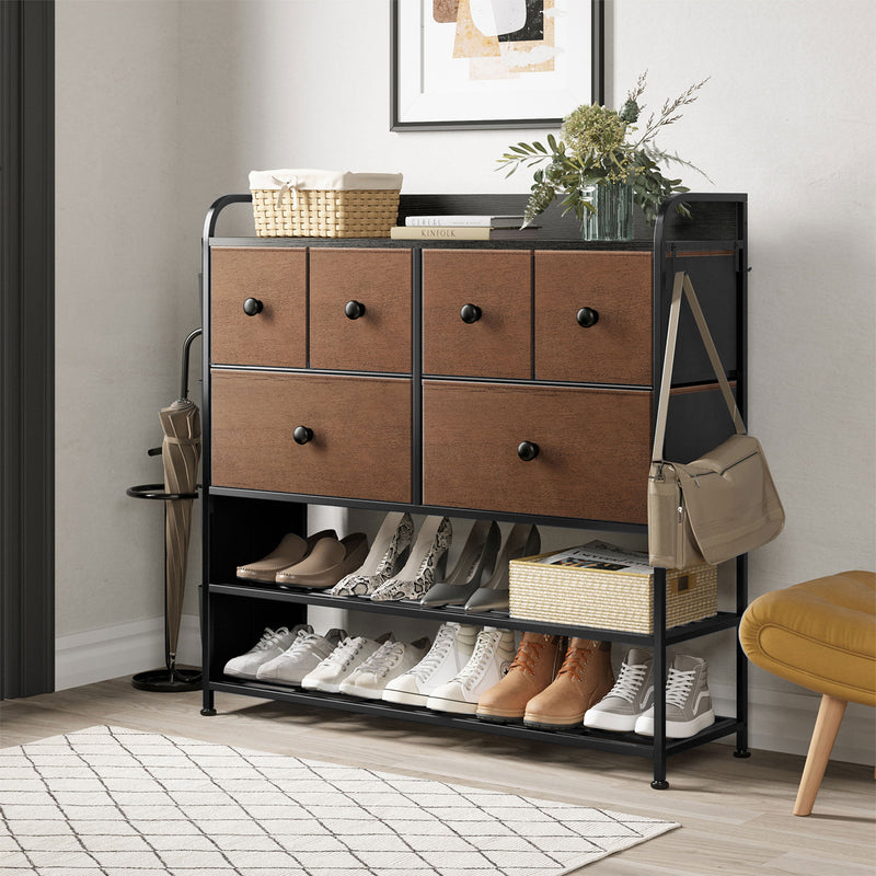 REAHOME 6 Fabric Drawer Dresser with 2 Tier Storage Shelf & Pockets, Espresso